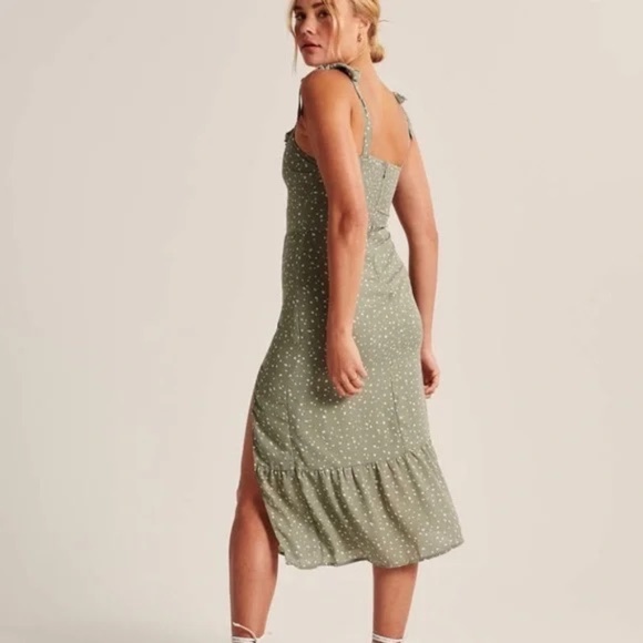 Abercrombie & Fitch Tie Strap Pattern Midi Dress Sage Green XS - Picture 5 of 10